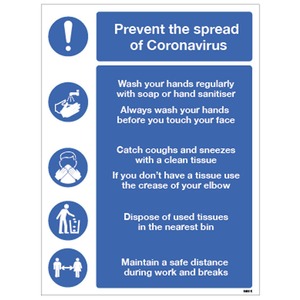 Prevent The Spread of Coronavirus - Rigid Plastic Sign 300 x 400MM
