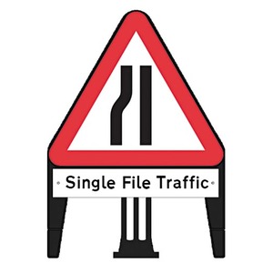 Q Sign Road Narrows on Nearside With Single File Traffic Supp Plate